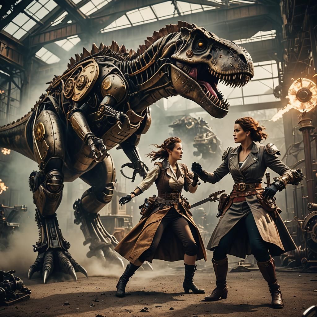 Steampunk Warrior Princess Versus Mechanical T-Rex