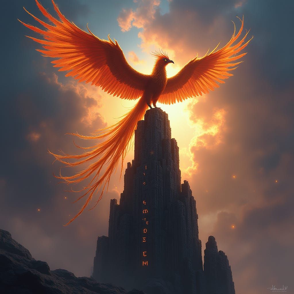 Majestic Phoenix on Obsidian Tower in Nebula