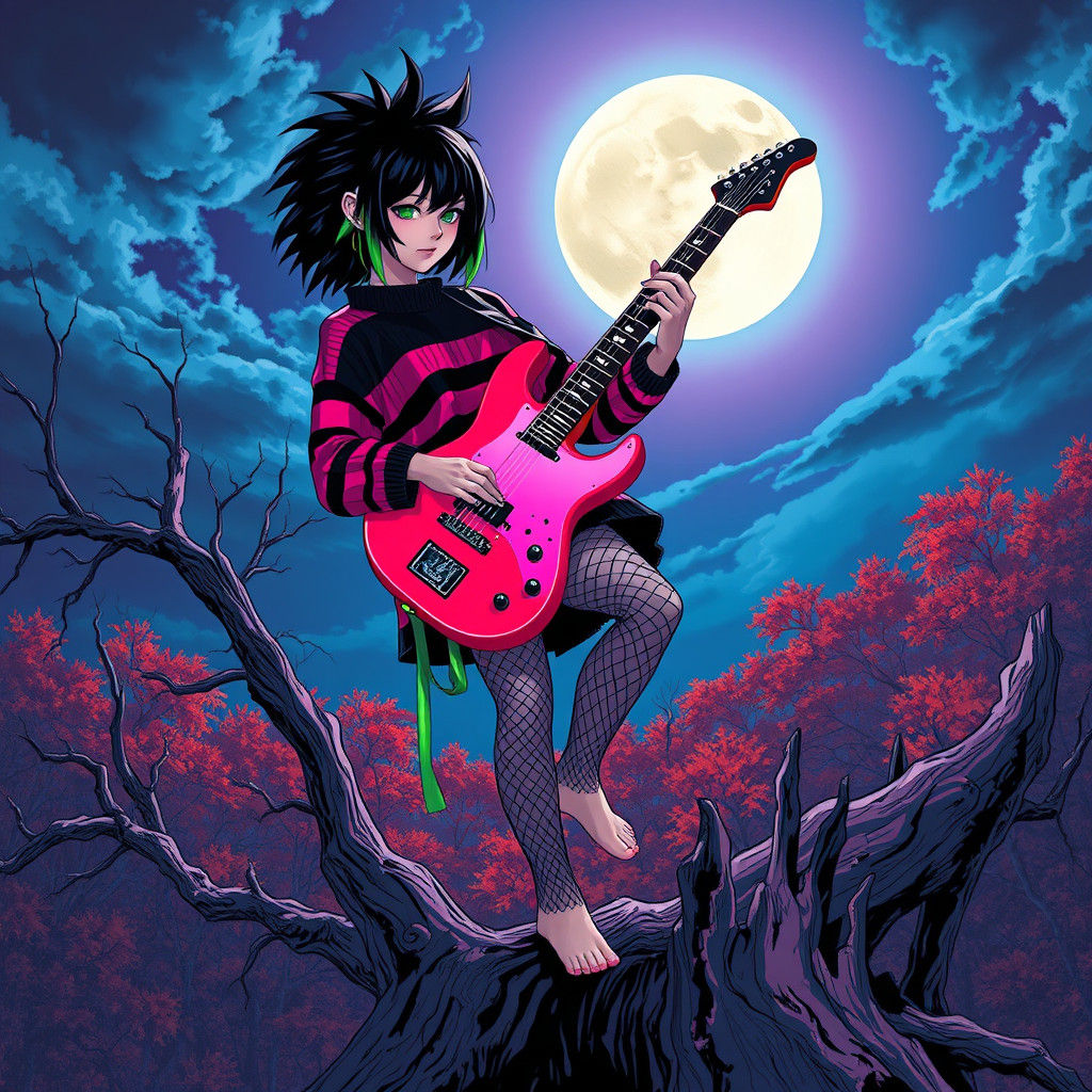 Emo Girl Plays Guitar on Crashed Tree, Anime Style