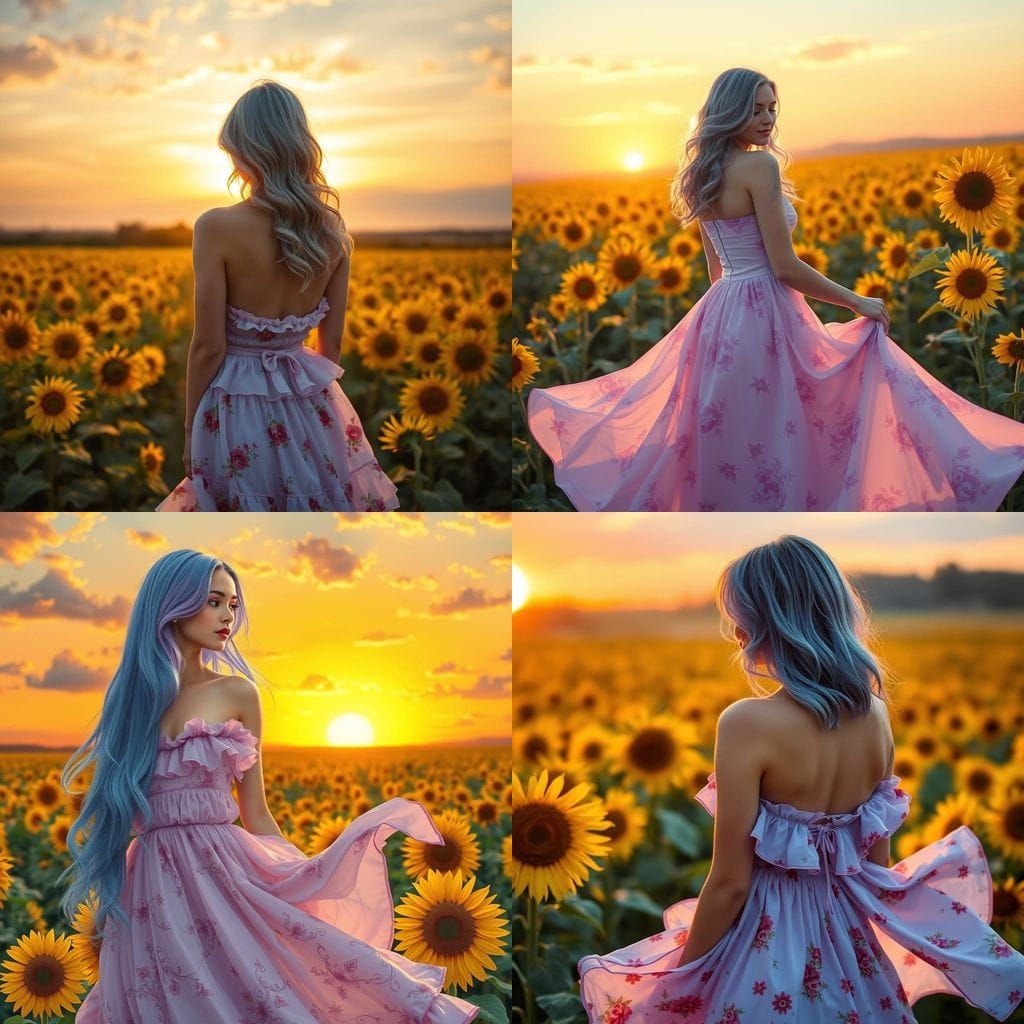 Woman in Sunflower Field at Sunset