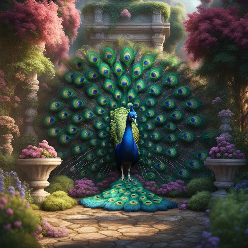 Peacock in Fantastical Garden: Digital Matte Painting