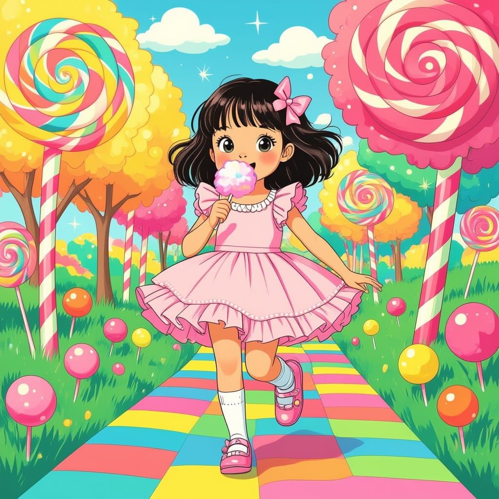 Girl Skipping Through Candy Land in Pink Dress