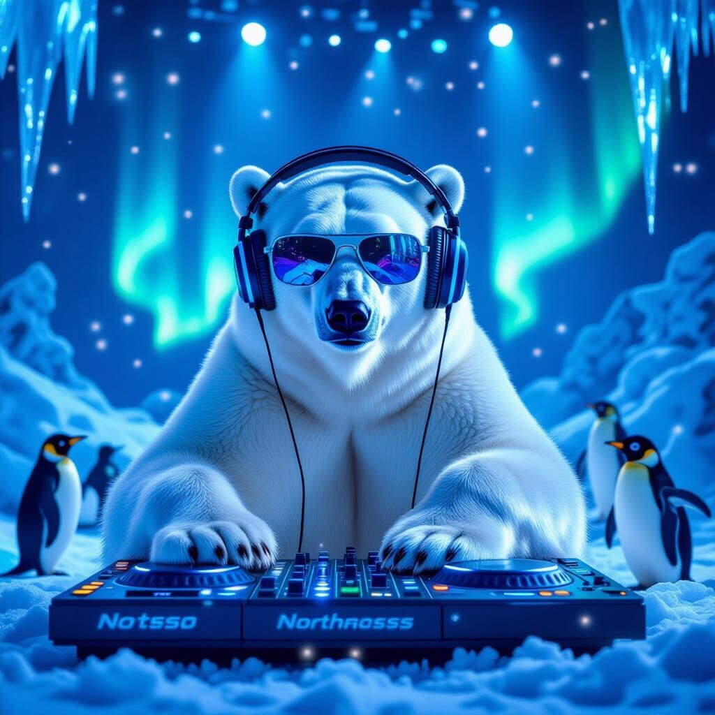 Polar Bear DJ Spins Tracks in Neon Arctic Nightclub