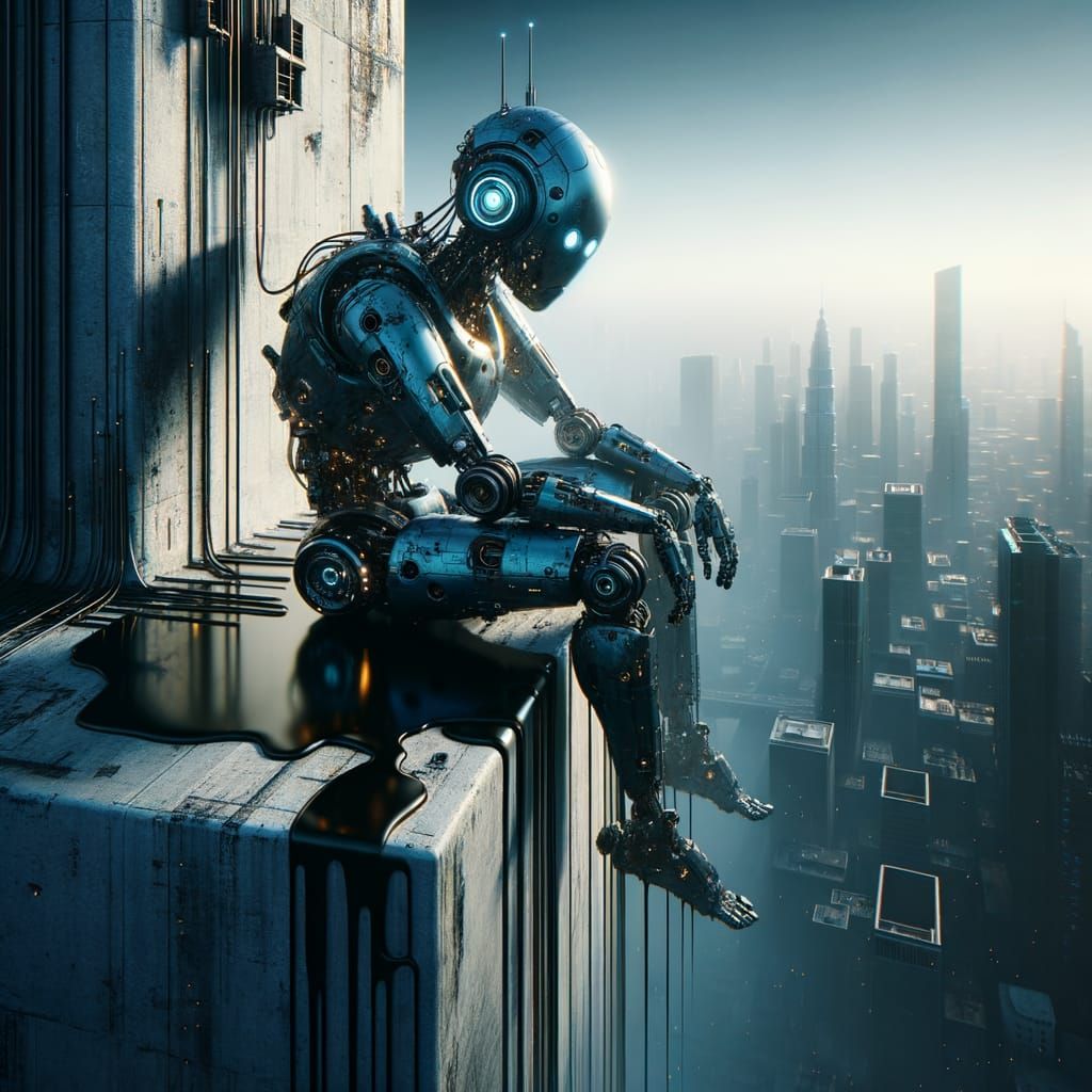 Robot Reflects on Crumbling Skyscraper at Sunset