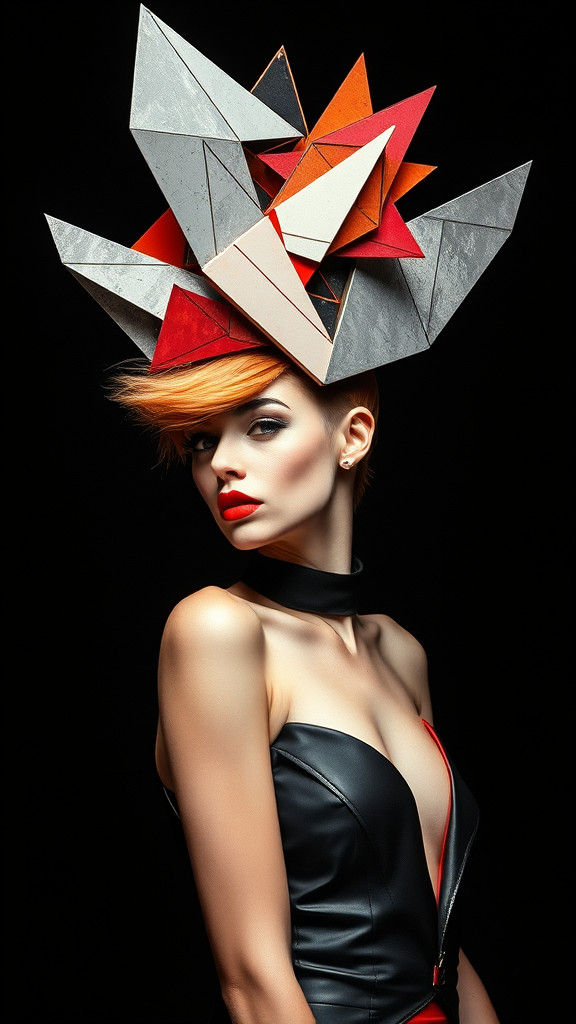 Supermodel with Geometric Hat in Dada Photogram Style