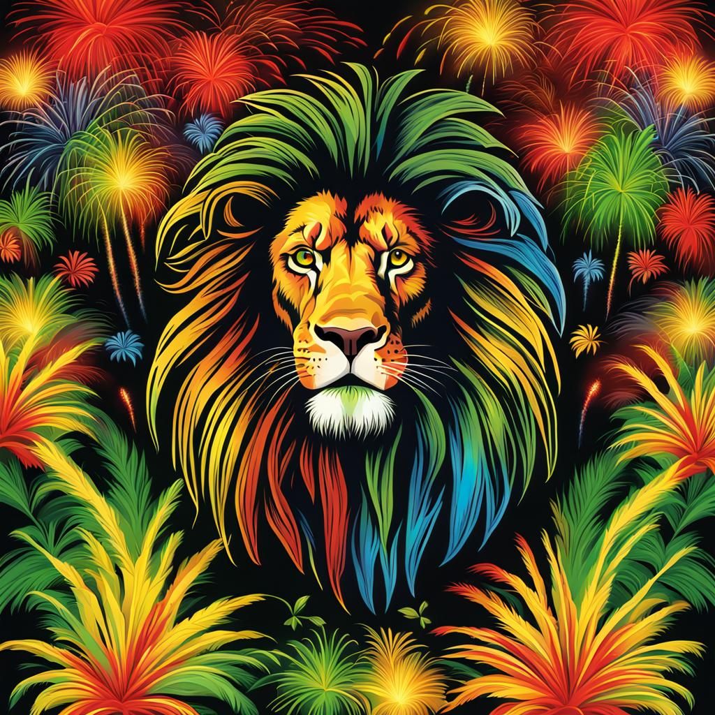 Rasta Lion in Paradise with Fireworks