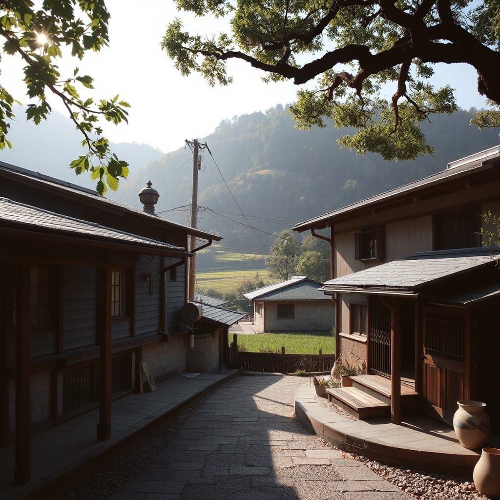 Serene Japanese Countryside in Soft Sunlight