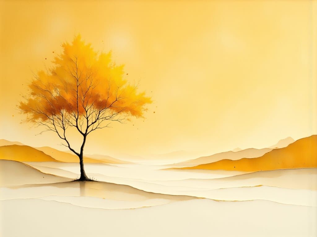Minimalist Landscape with Lone Tree in Golden Hues