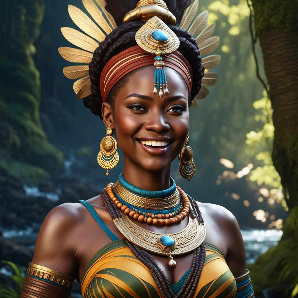 Bantu Goddess Smiling in Forest River: Hyperrealistic Matte ...