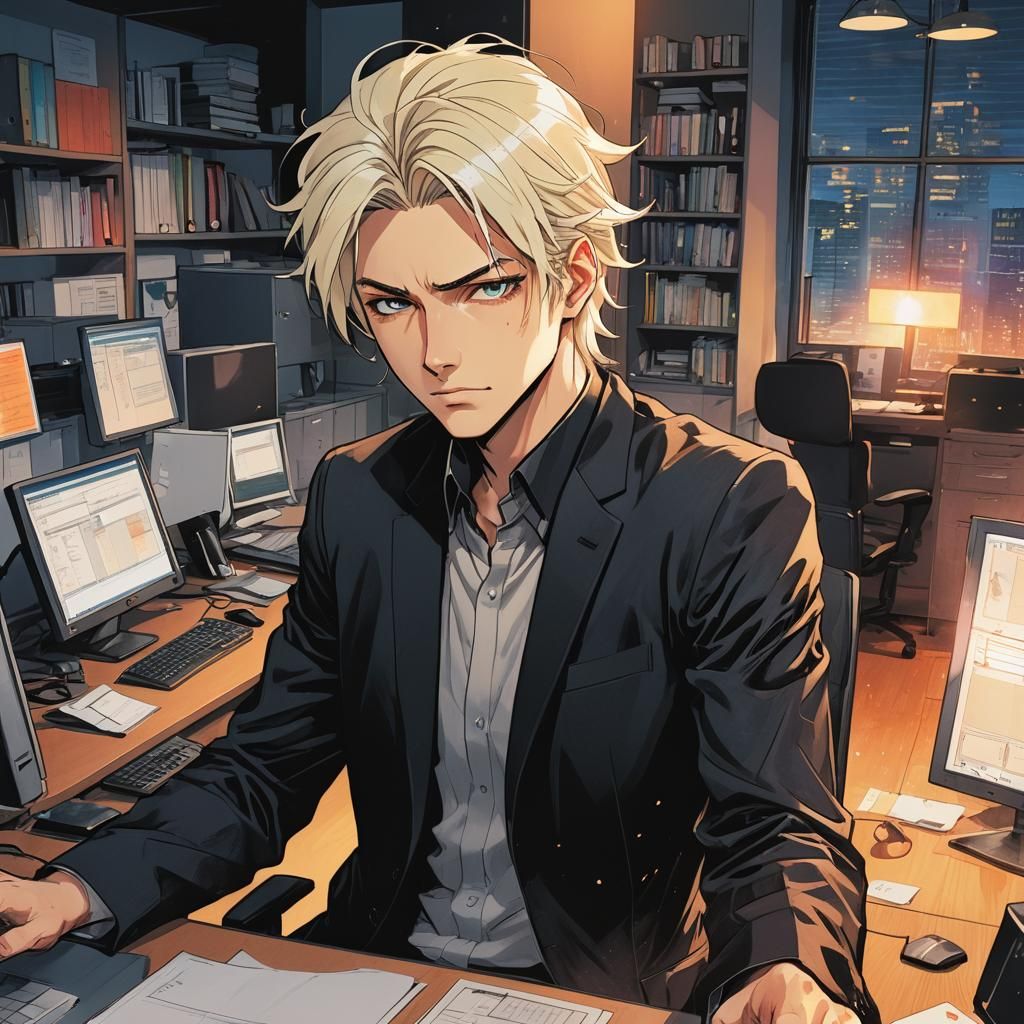 Platinum Haired Man in Manga Style Office