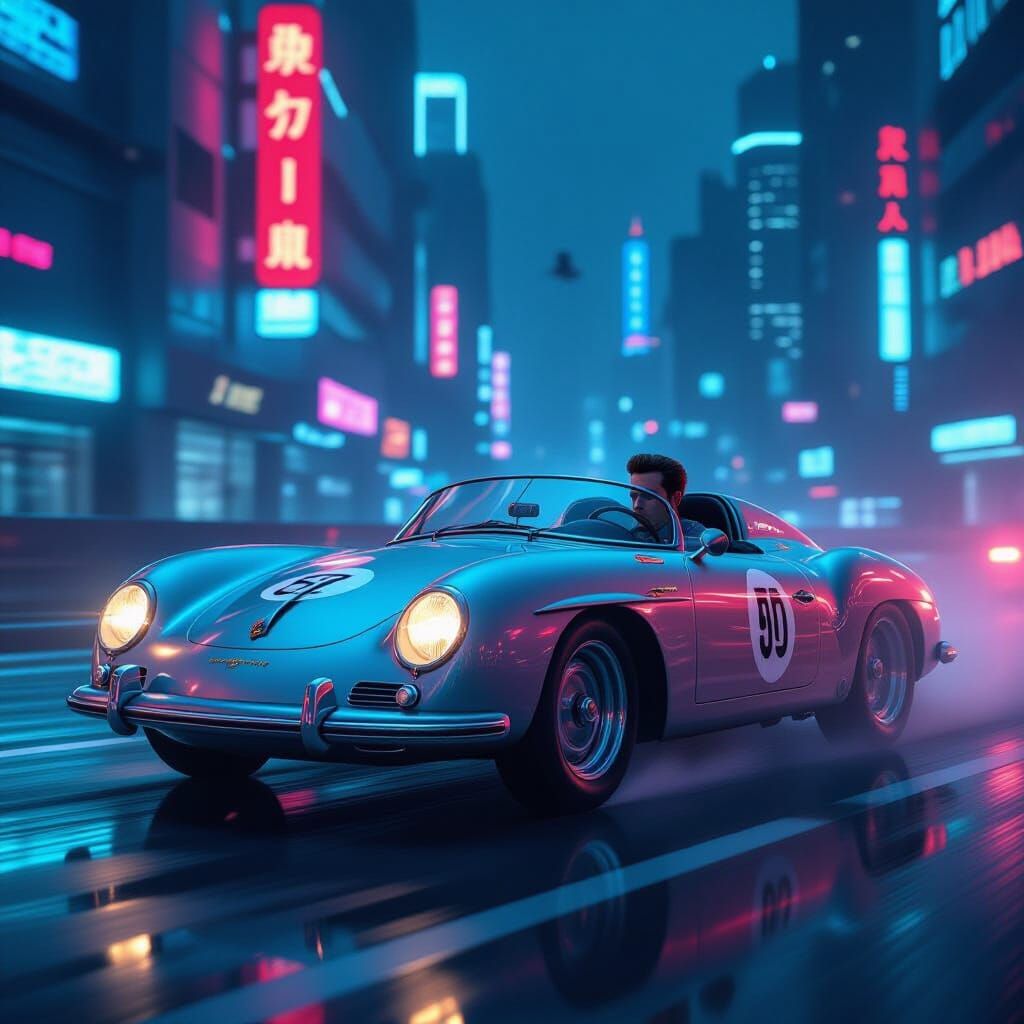 Porsche Races Through Cyberpunk Cityscape