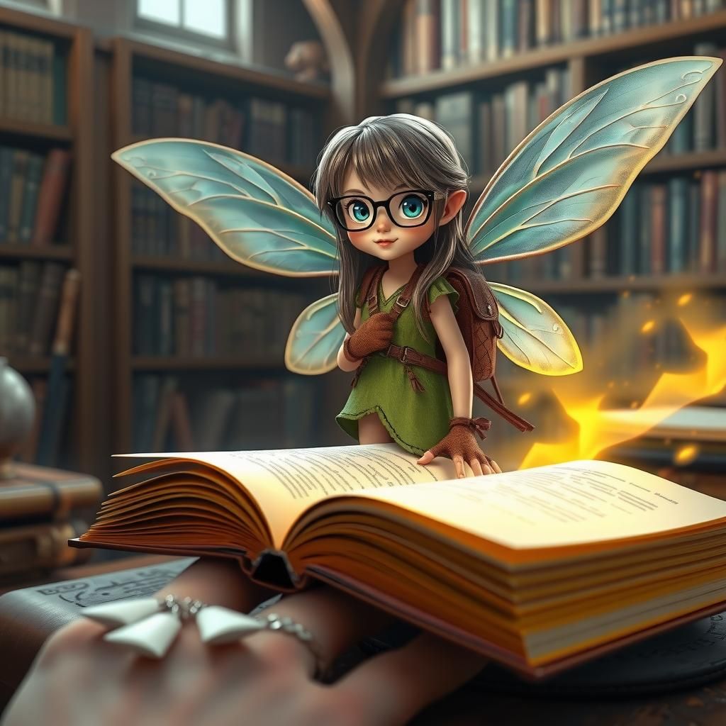 a delicate explorer fairy, long hair, ginge, glowing blue ey...