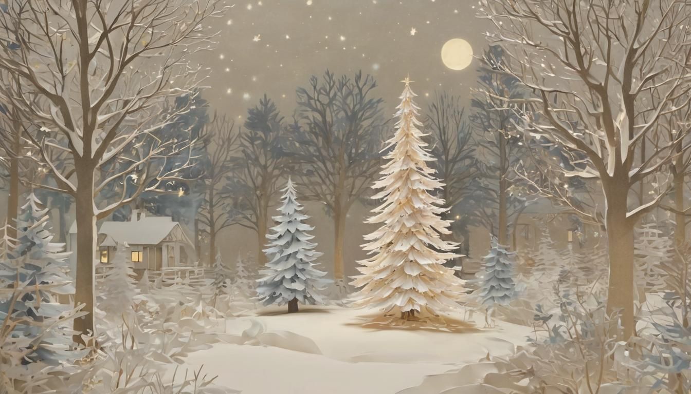 Festive Christmas Tree with Animals in Paper Cut-Out Style