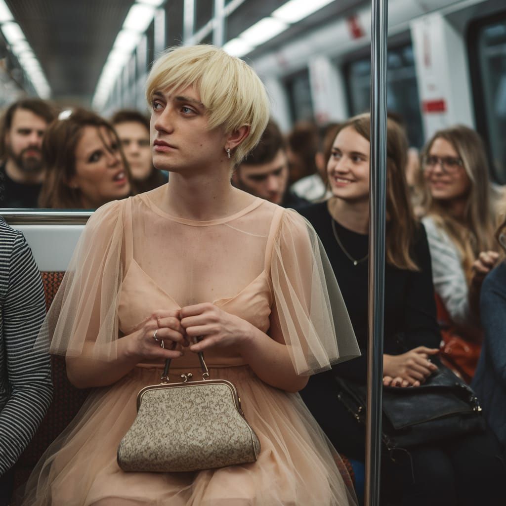 Nervous Young Man in Tulle Dress on Crowded Train