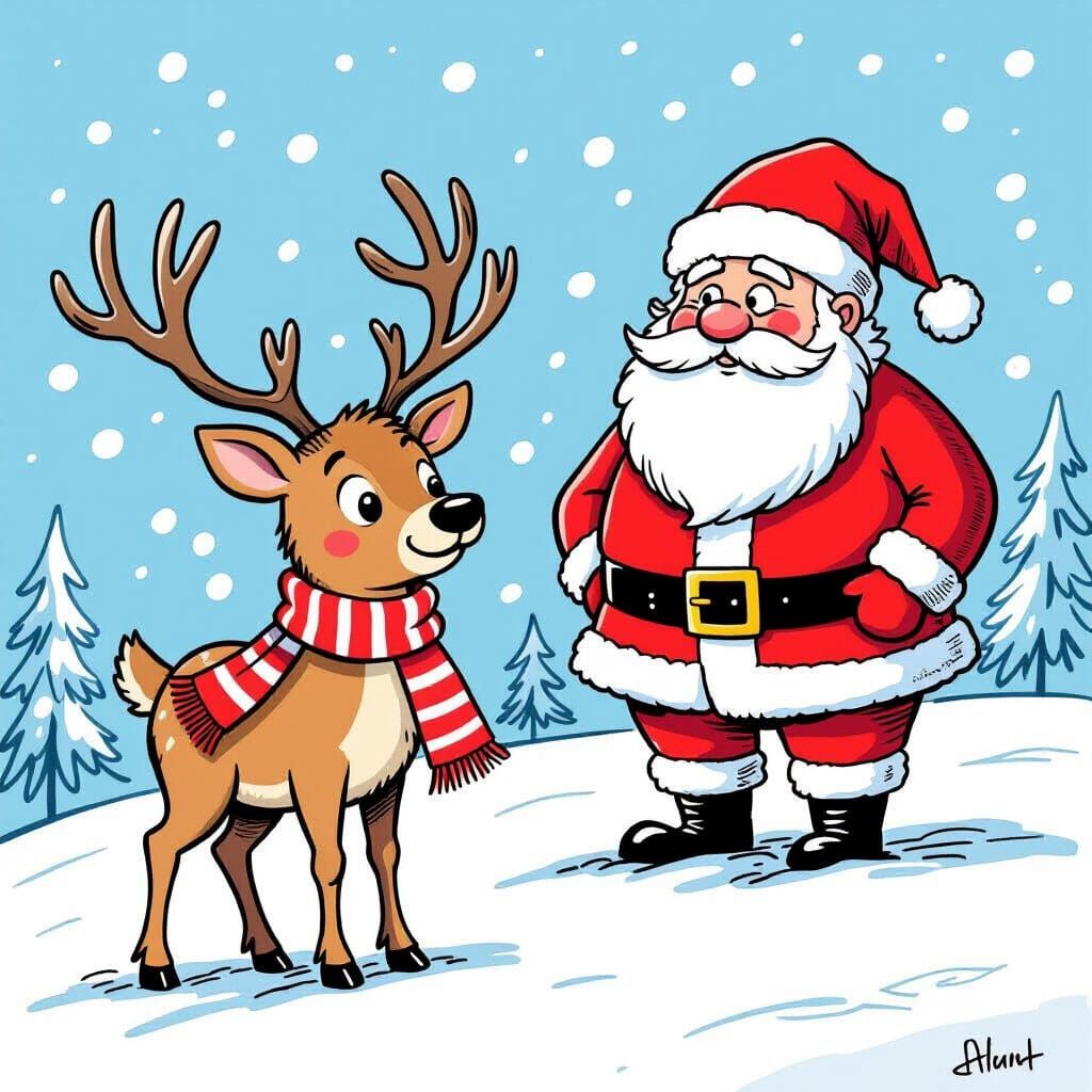 Whimsical Elk and Sad Santa in Snowy Doodle Art