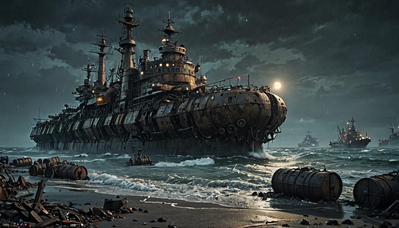 Dieselpunk Battleship in Ruined Industrial Wasteland
