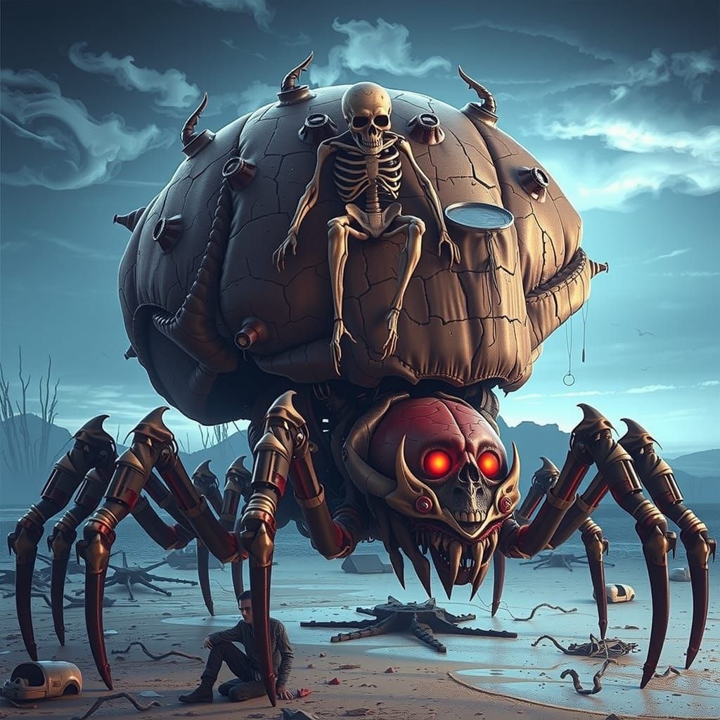 Twisted Skeleton Spider in Dark, Gothic Landscape