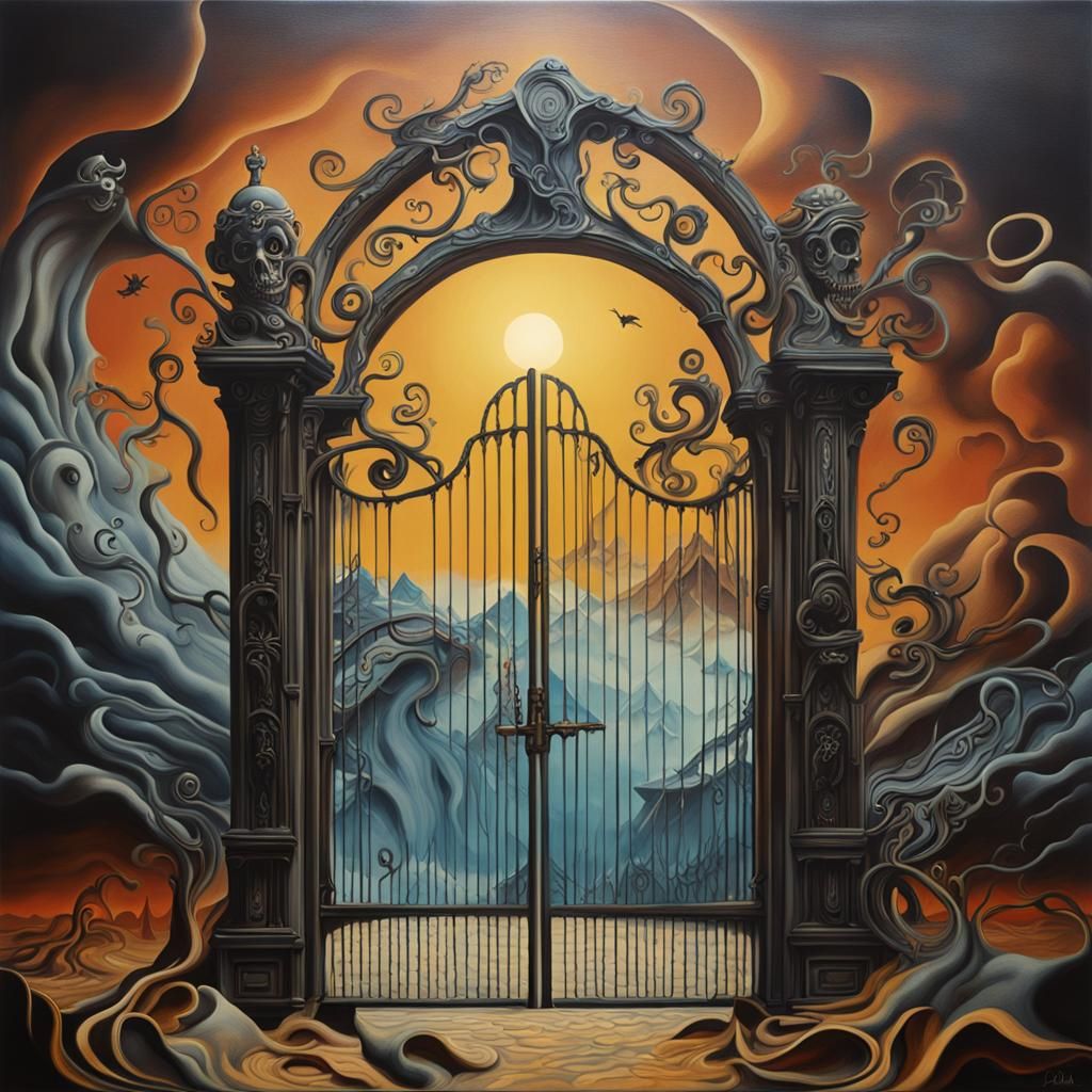 Surreal Gate to a Terrible Reality as Oil Painting