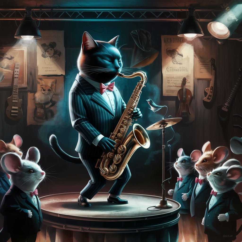 Black Cat Saxophonist in Smoky Jazz Club