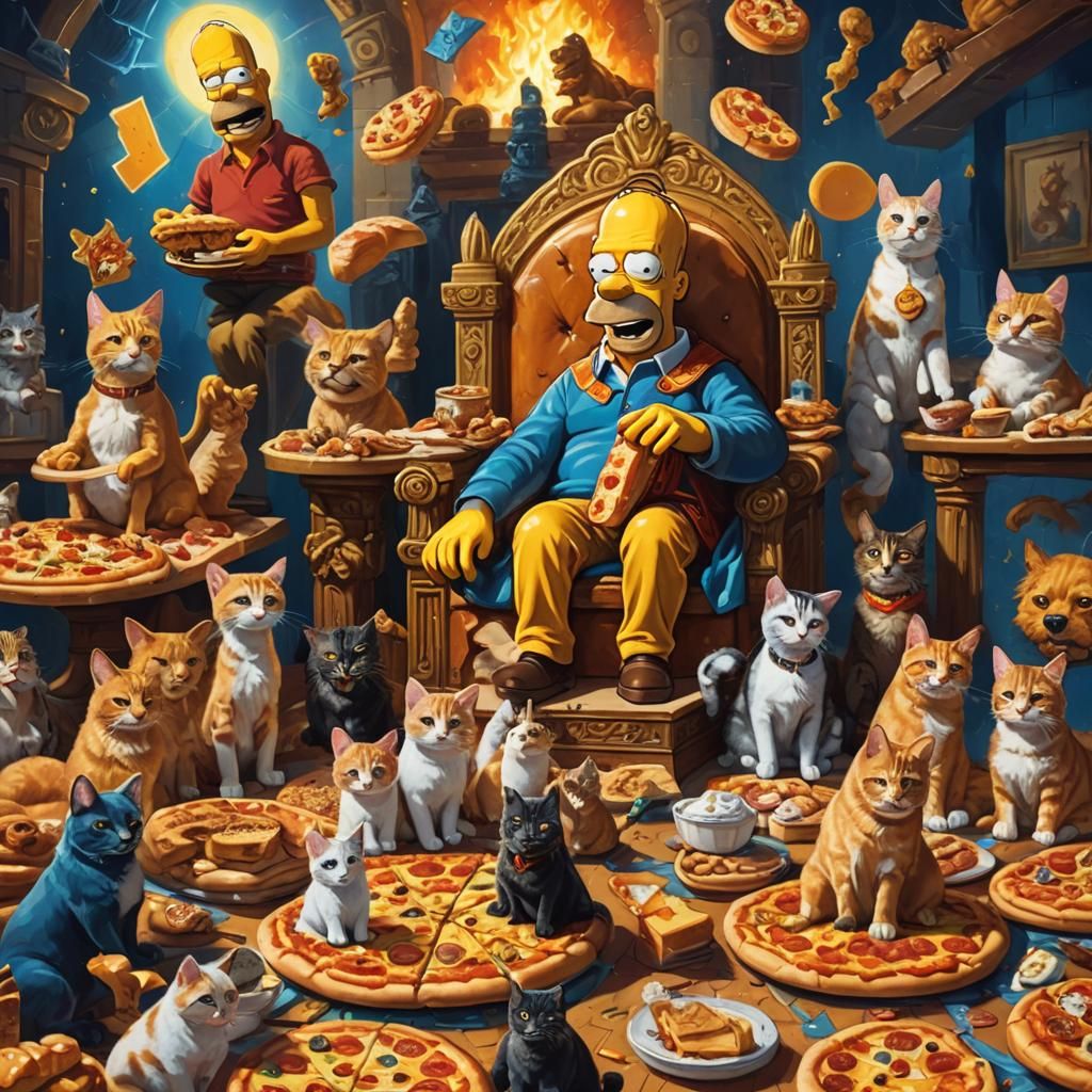 Homer Simpson on Pizza Throne: Surreal Oil Painting