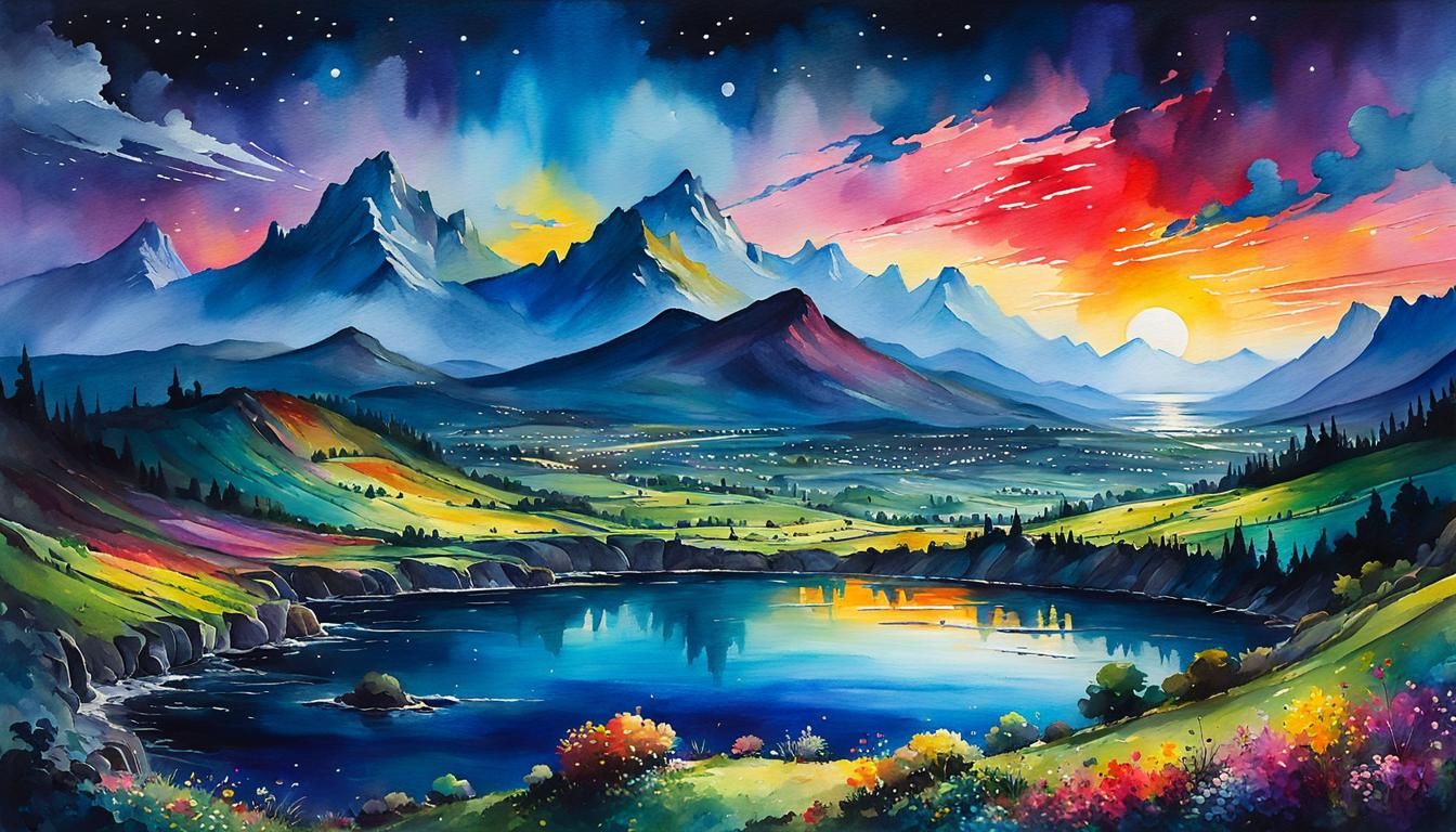 Candy Art Night Landscape in Watercolor Style
