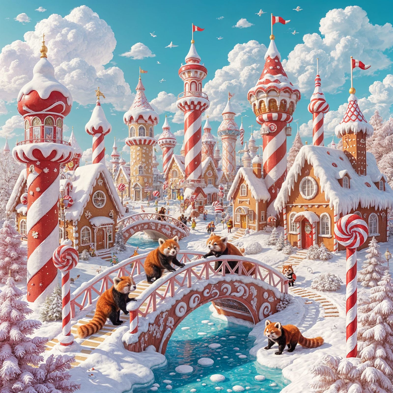 Candy Cane Cityscape with Red Pandas