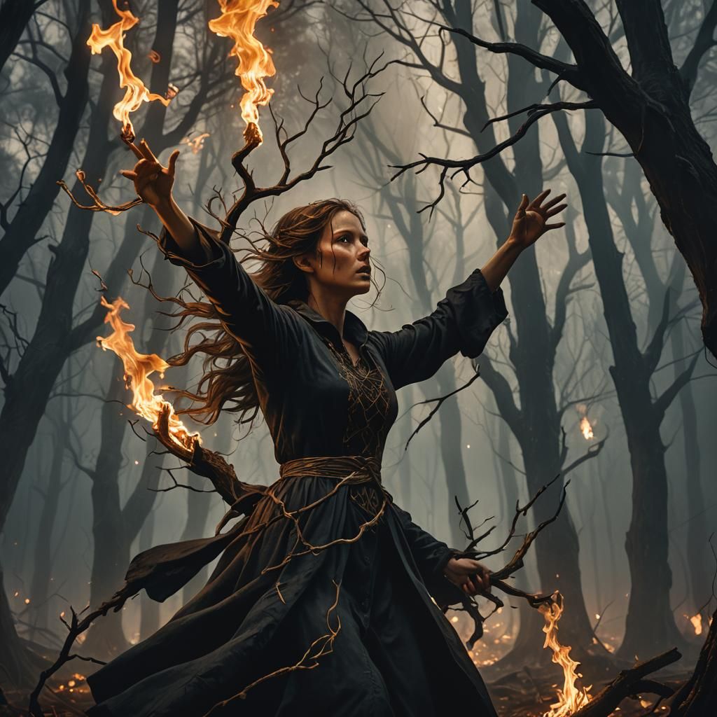 Eerie Forest: Woman Playing with Fire in Dark Fantasy