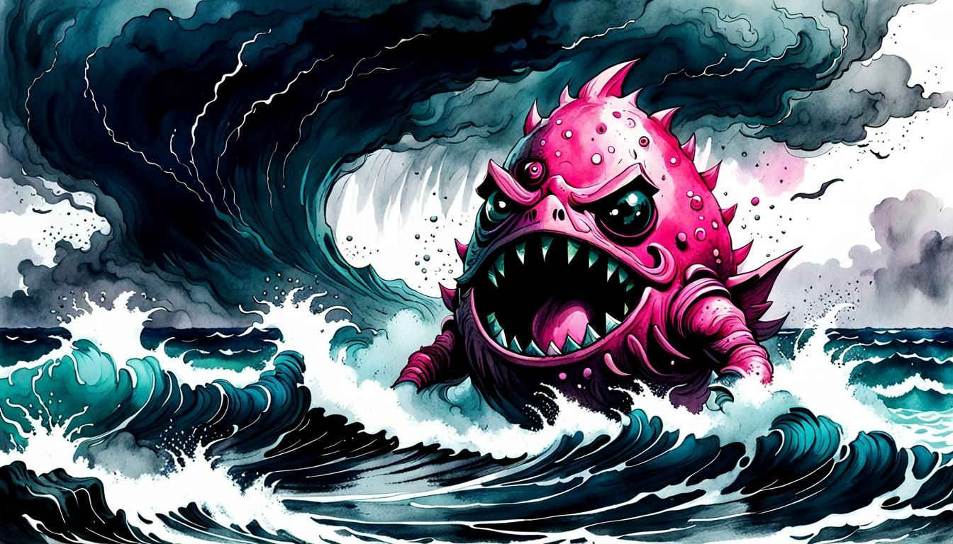 One-Eyed Groglatyte Rising from Stormy Ocean: Ink Wash Illus...