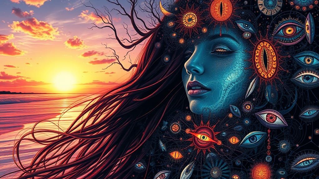 Surreal Cosmic Goddess Amidst Infinity Mirrored Sunset