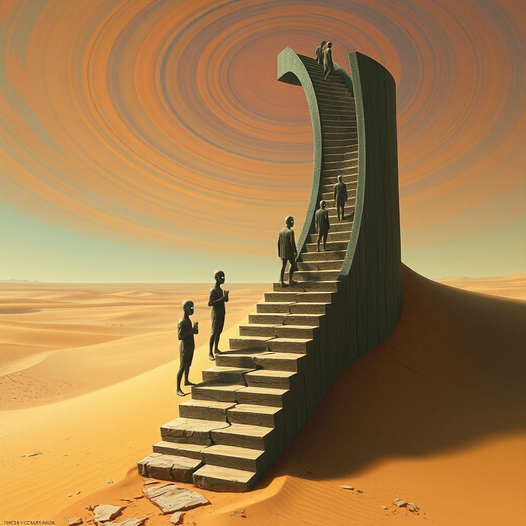 Surreal Staircase to the Sky: A Dystopian Ascent
