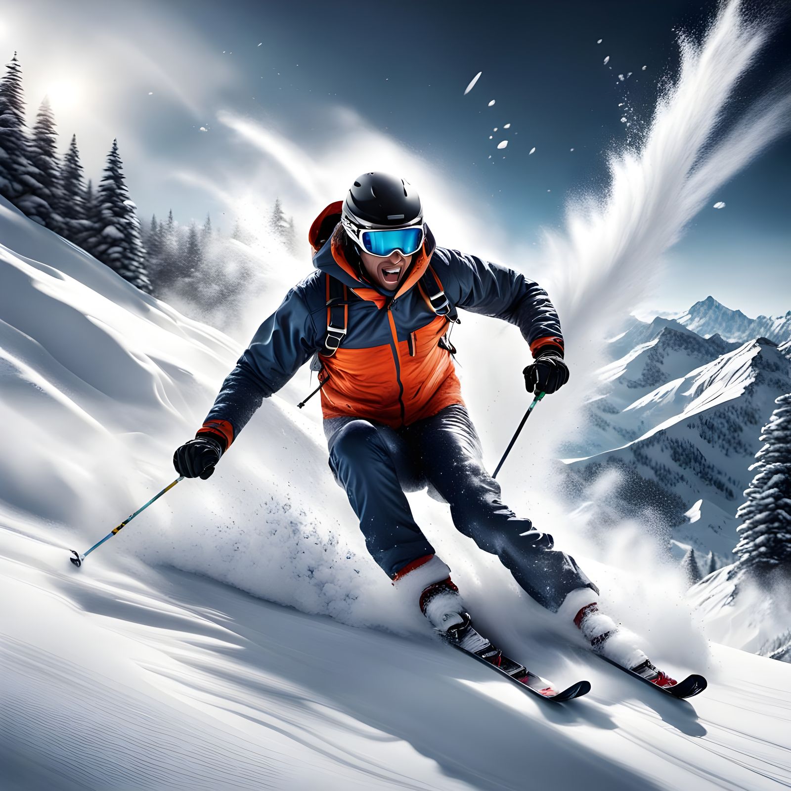 Skiing Down a Snowy Mountain in High-Contrast HDR