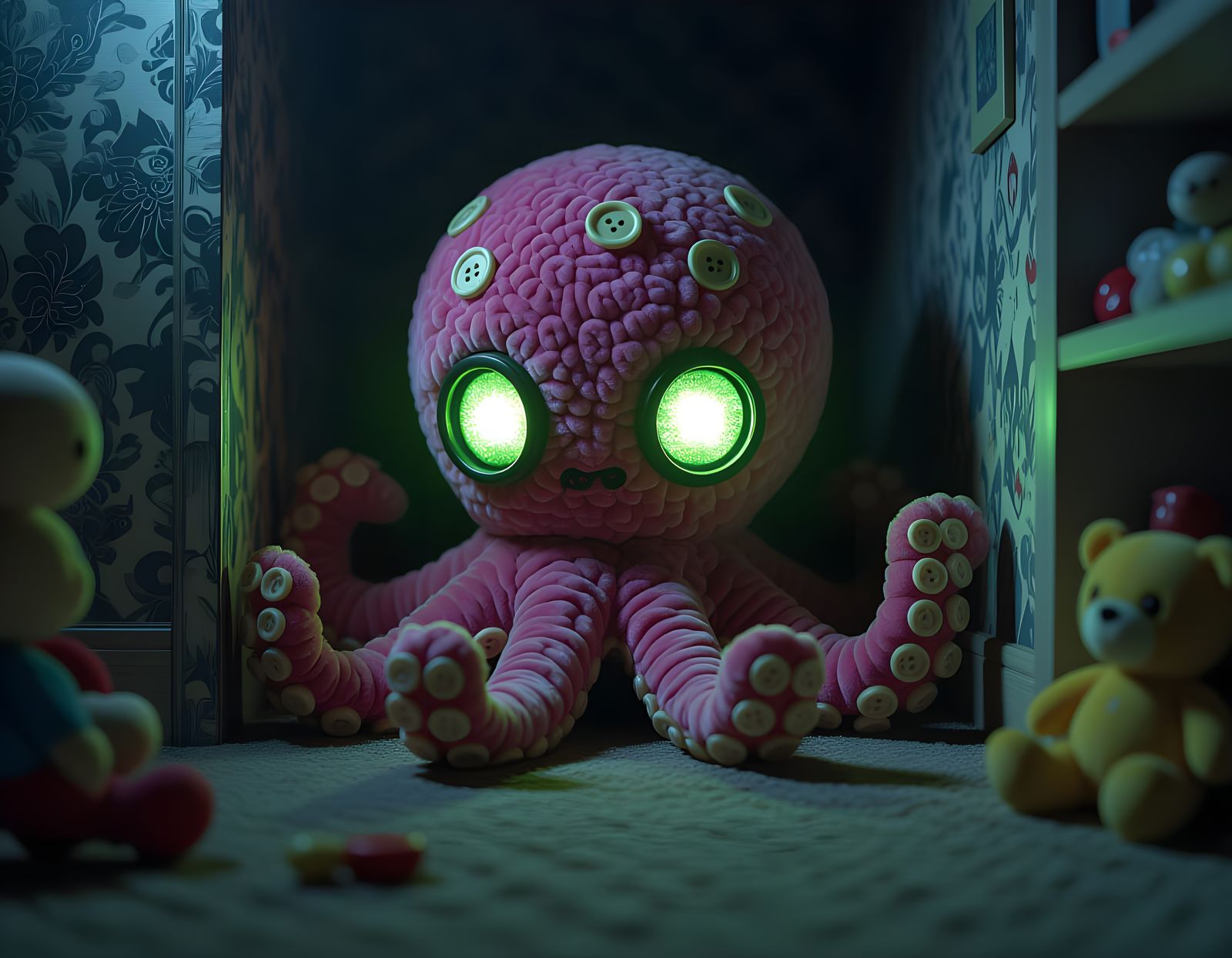 Creepy Plush Cthulhu Toy with Glowing Eyes in Playroom