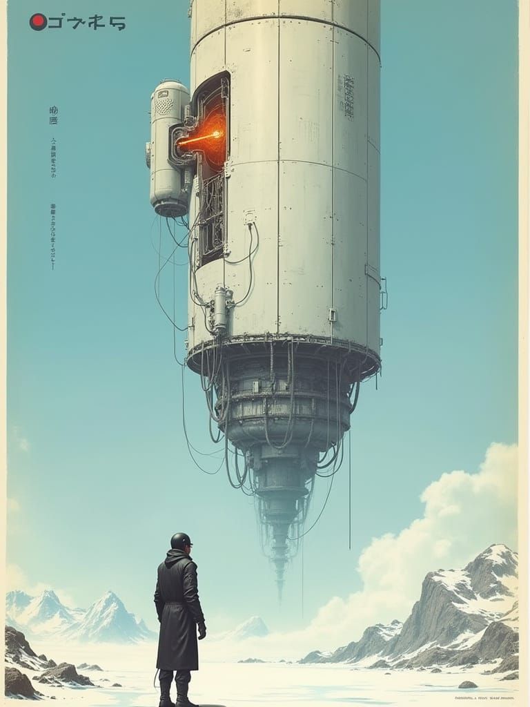 Sci-Fi Exosuit Gazing at Floating Structure