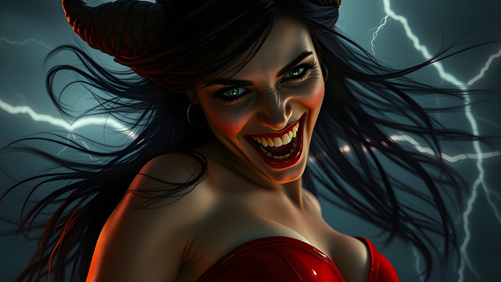 Attractive Demon Girl Laughing in Thunderstorm