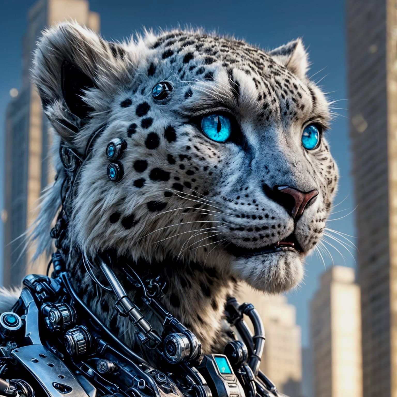Snow Leopard Cyborg in Photorealistic Sci-Fi Style