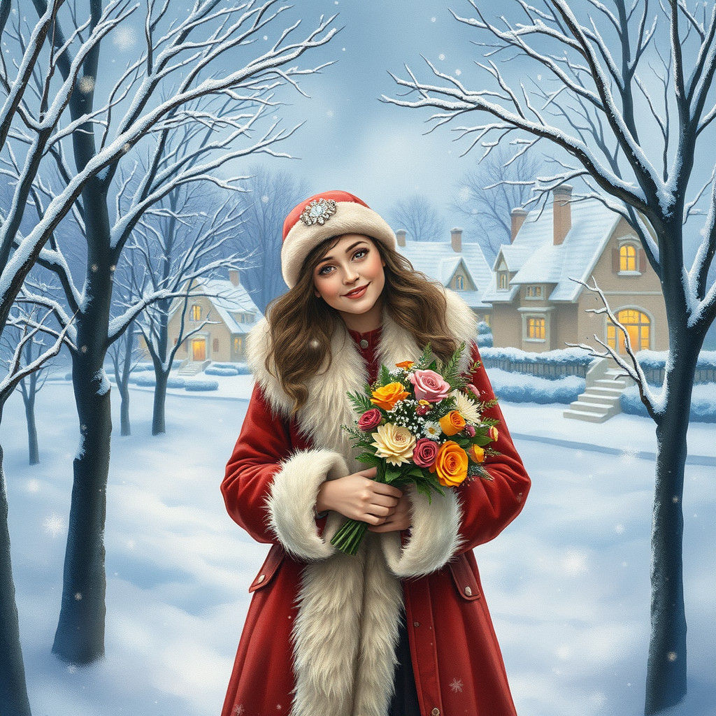 Winter Wonderland Portrait with Birthday Bouquet