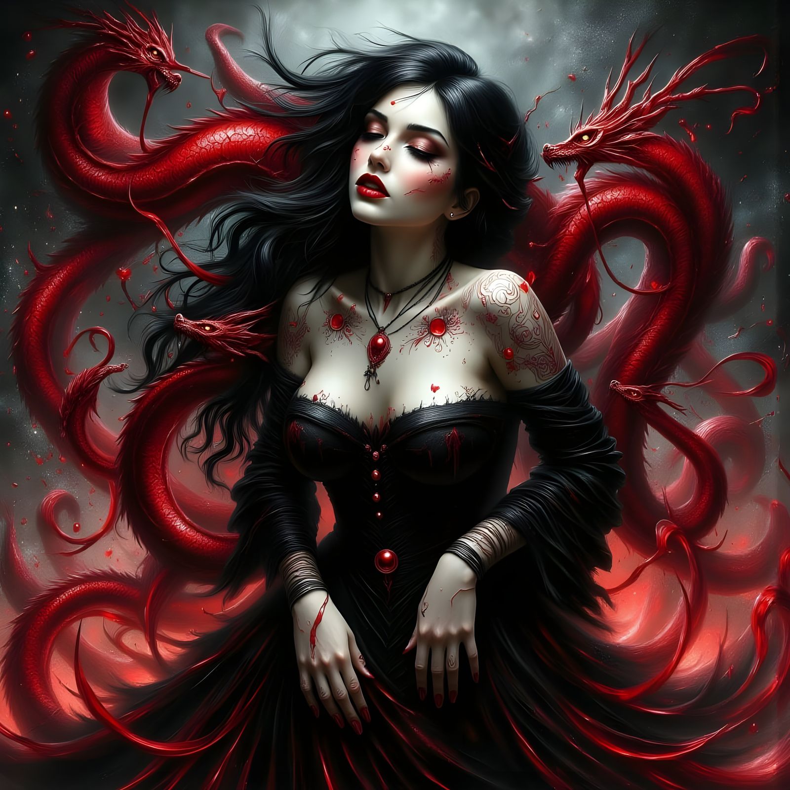 Sorceress with Dragon Tattoos in Ink Wash Painting