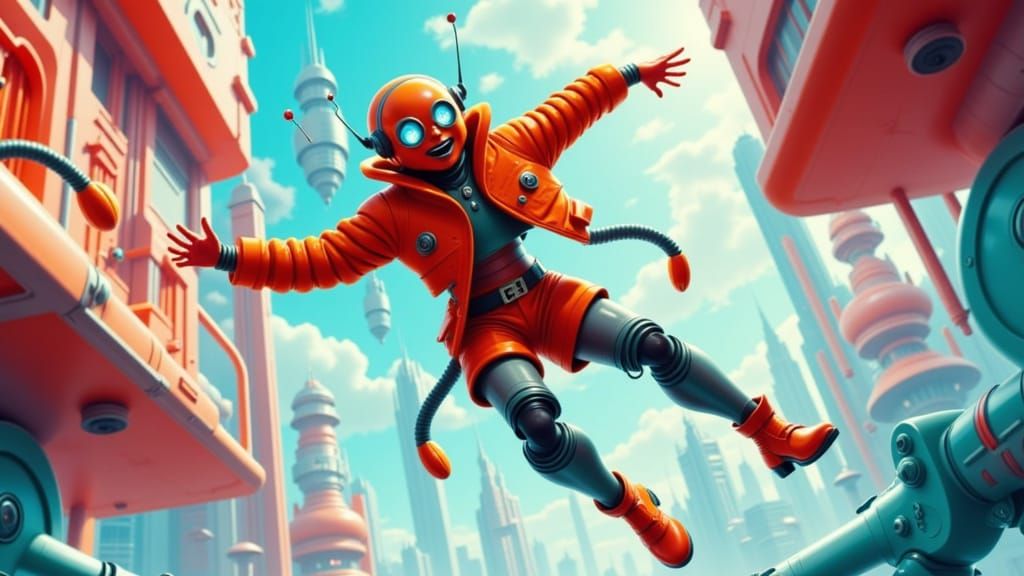 Person Jumping in Retro-Futuristic Digital Art Style