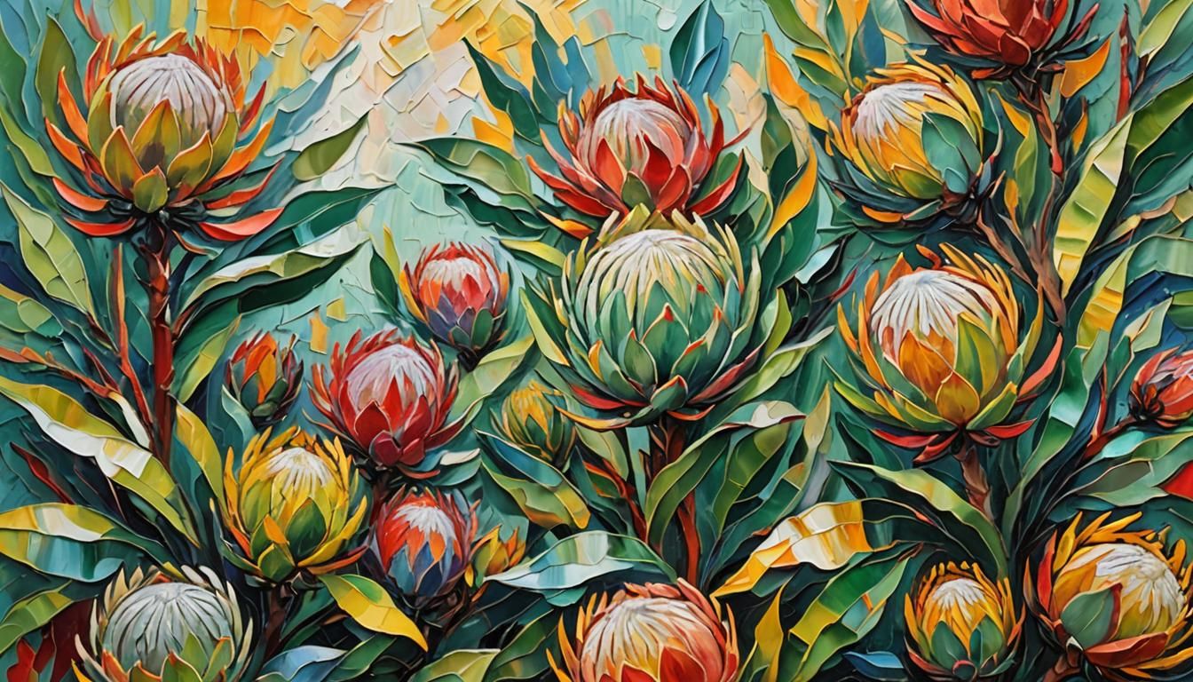 Abstract Protea Flowers in Impasto Oil Painting