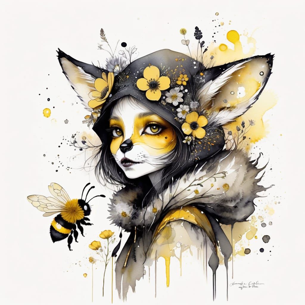 Vibrant Fox in Whimsical Bumblebee Attire
