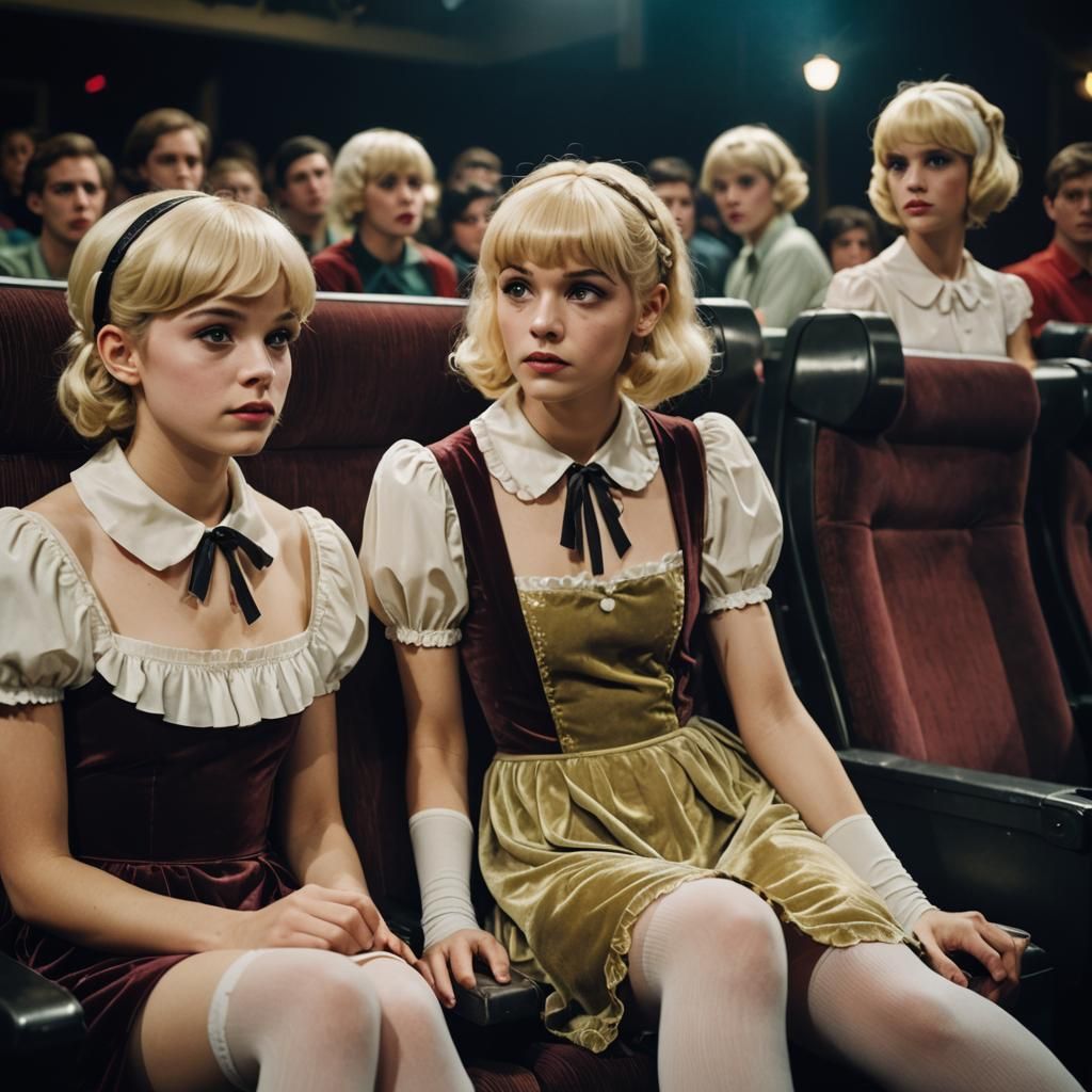 Ethereal Cinematic Moment of a Boy in Velvet Dress, Pigtails...