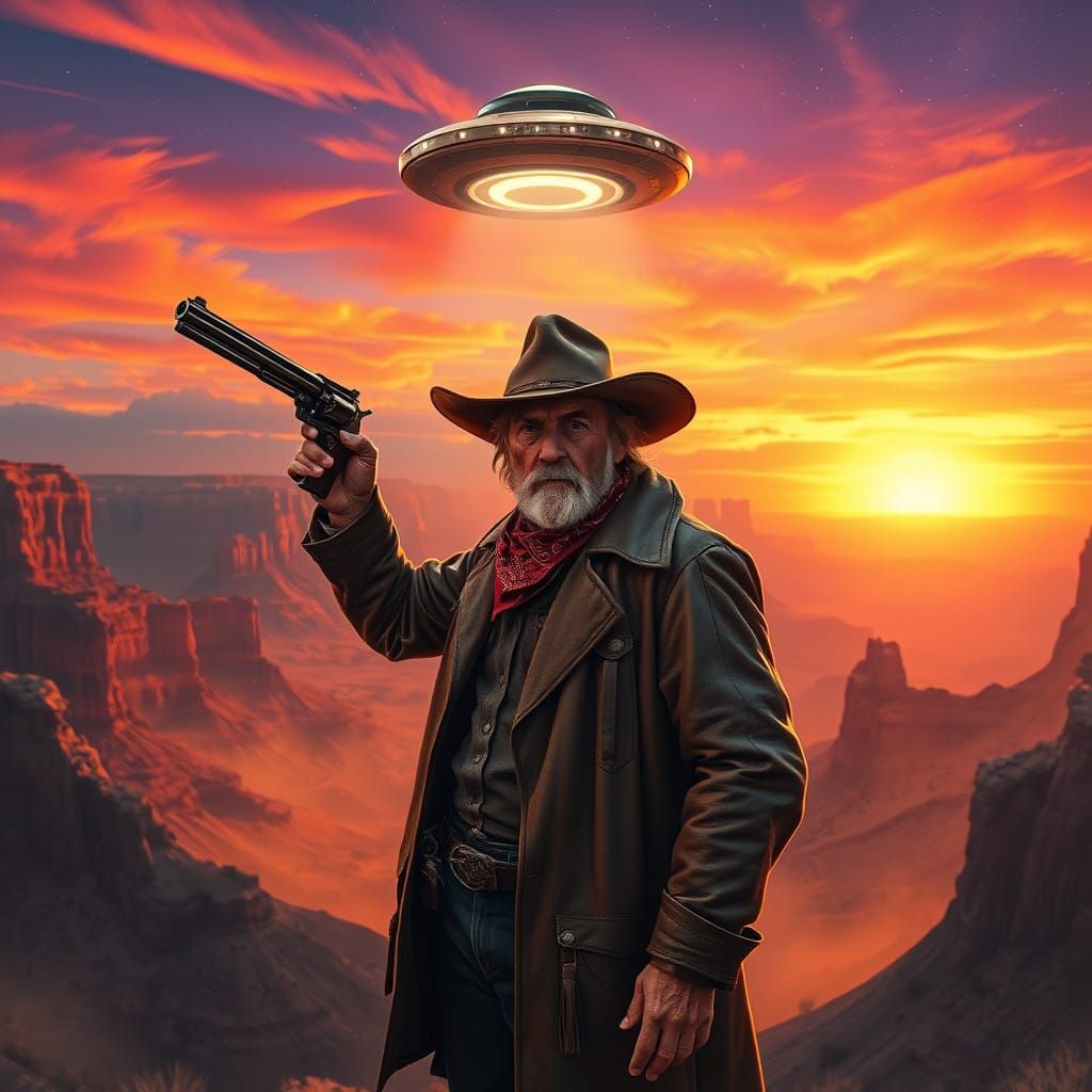 Weathered Cowboy Battles UFO at Sunset