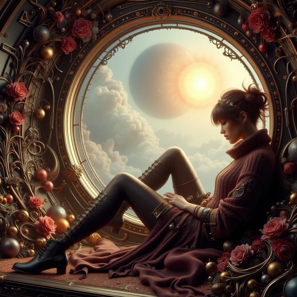 Cosmic Woman Admires Supernova in Art Nouveau Punk Window