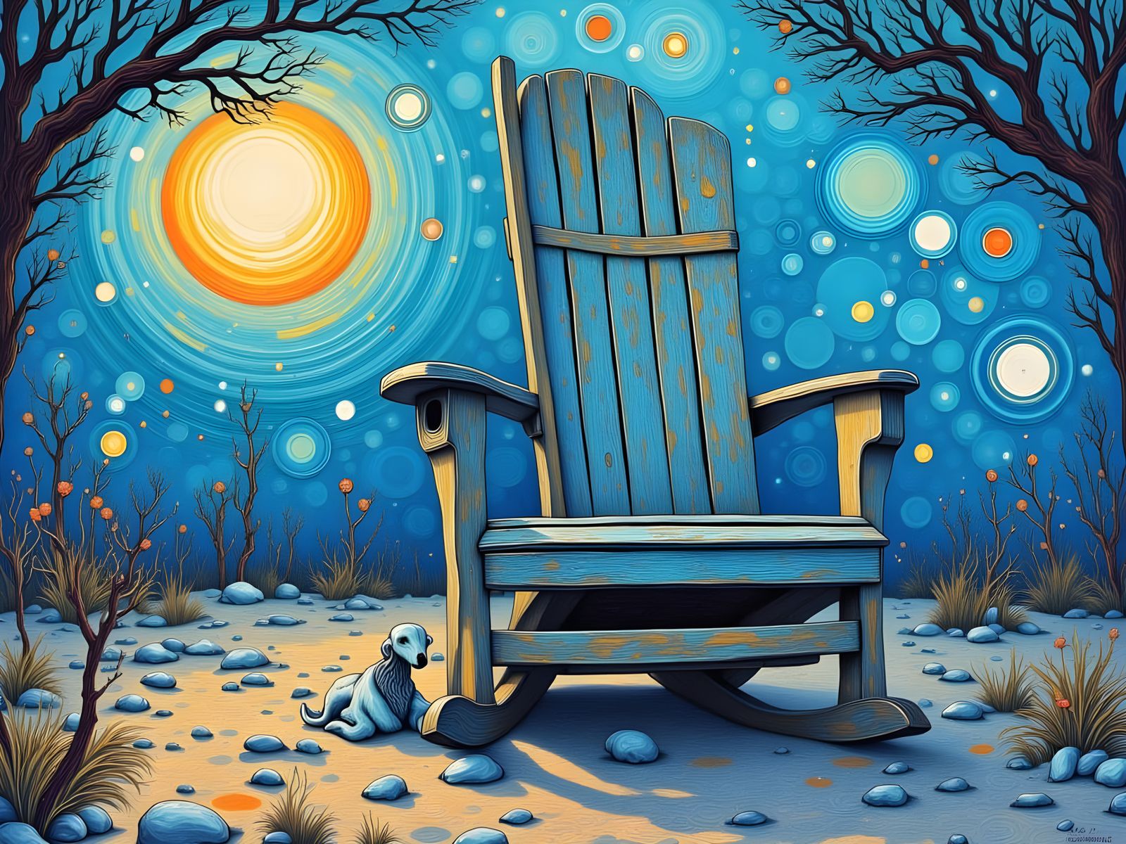 There's a blue rocking chair, sittin' in the sand...