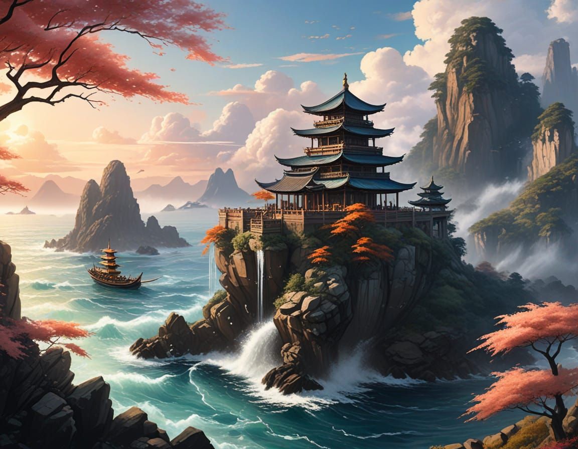 Manga-Style Girl on a Flying Tortoise Towards a Pagoda Templ...