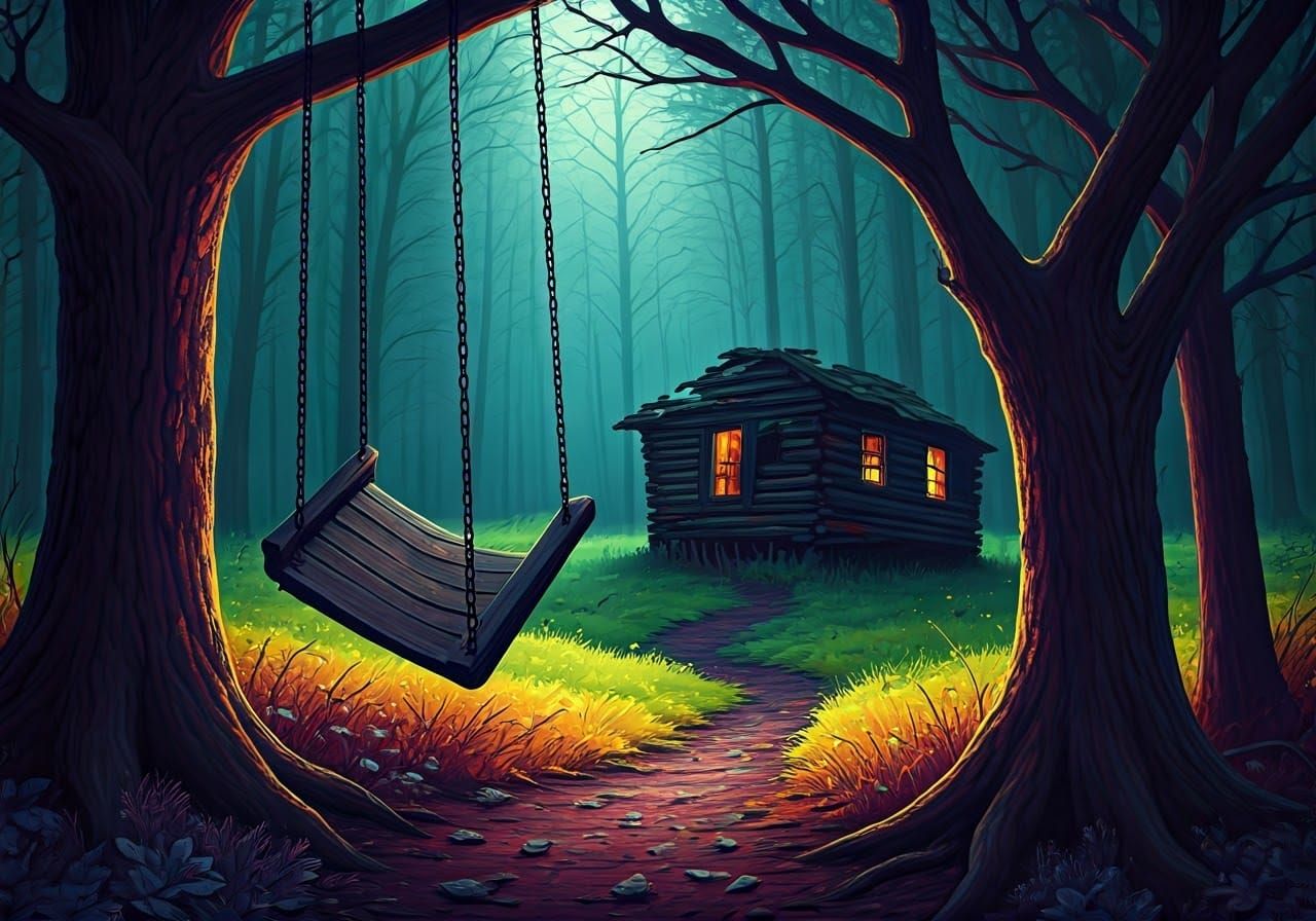Haunted Cabin with Abandoned Swing in Digital Painting