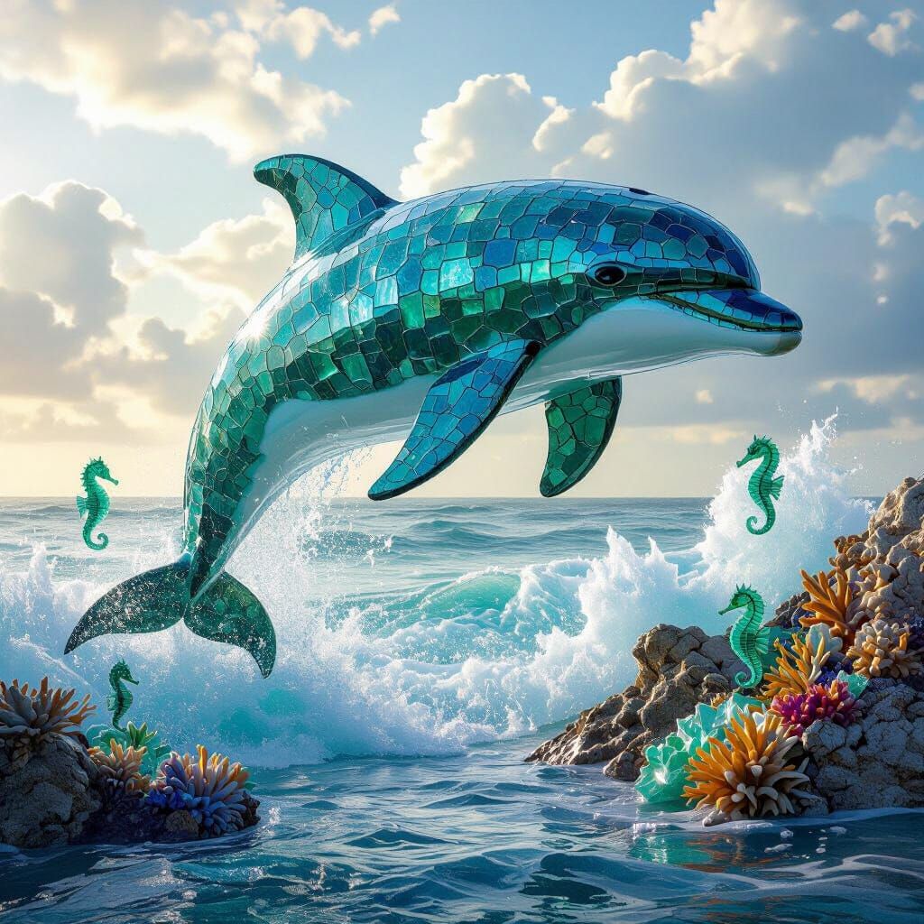 Colossal Sea Glass Dolphin Sculpture Leaping Over Waves