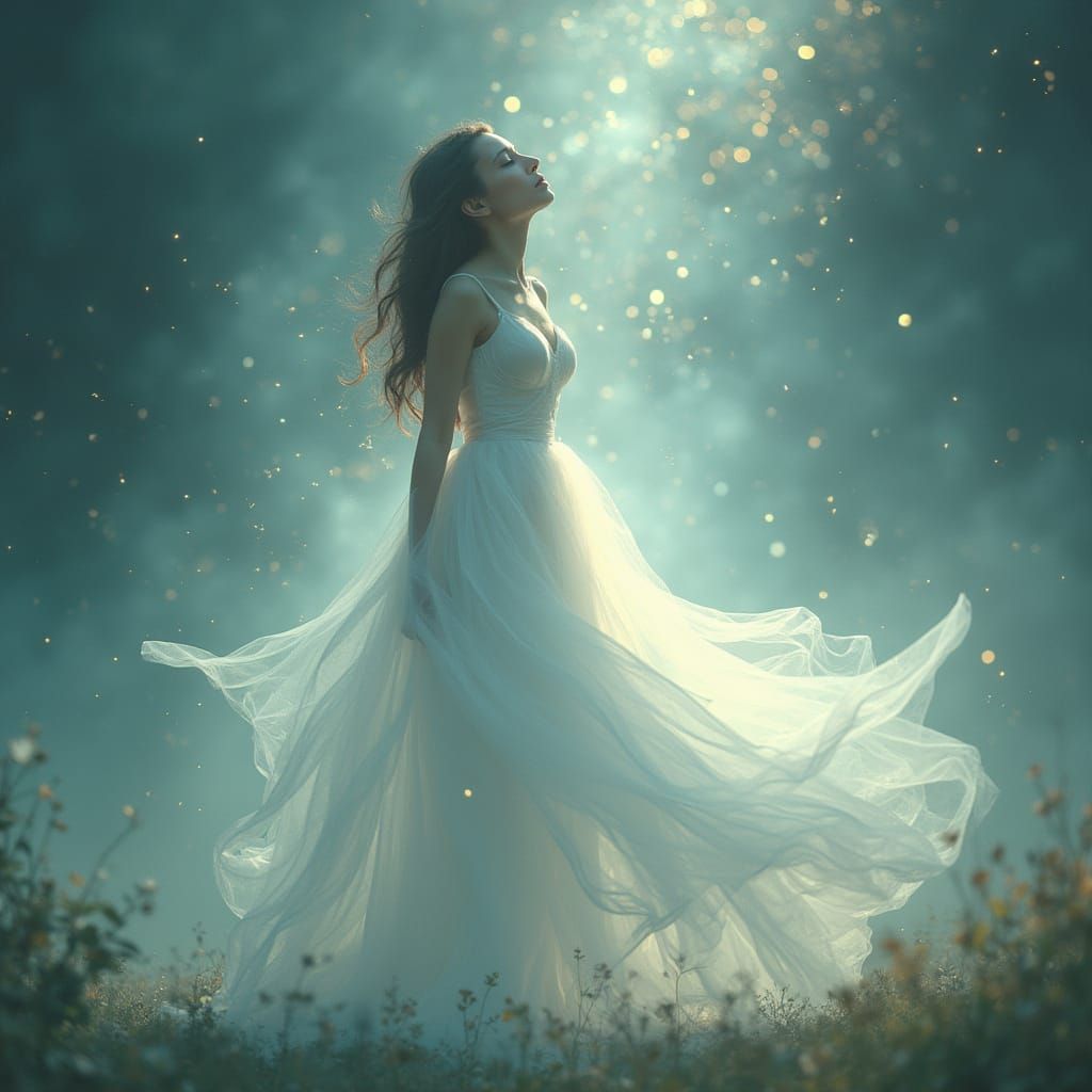 Ethereal Woman Dissolving into Light: Digital Art