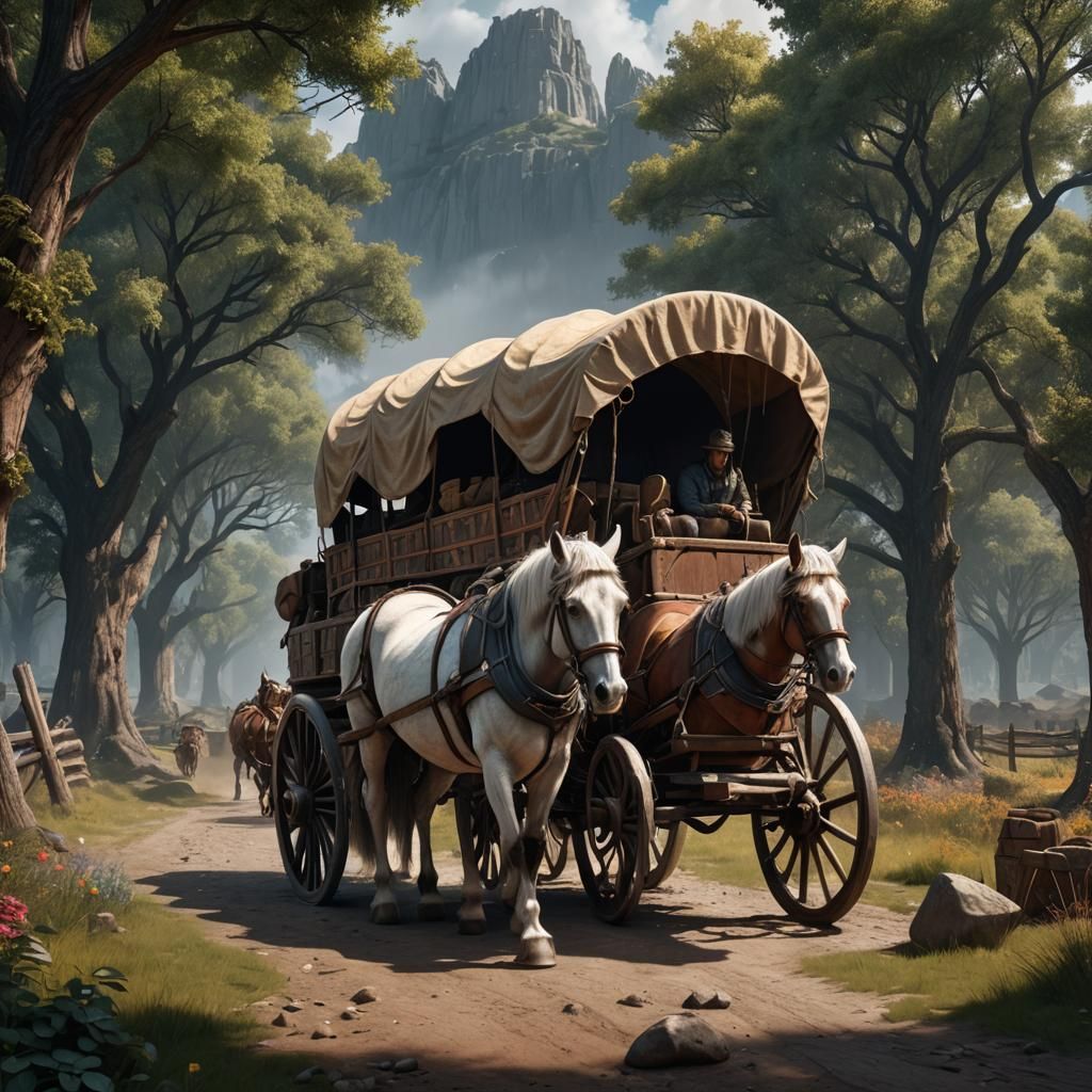 Horse-Drawn Covered Wagon in Fantasy Concept Art
