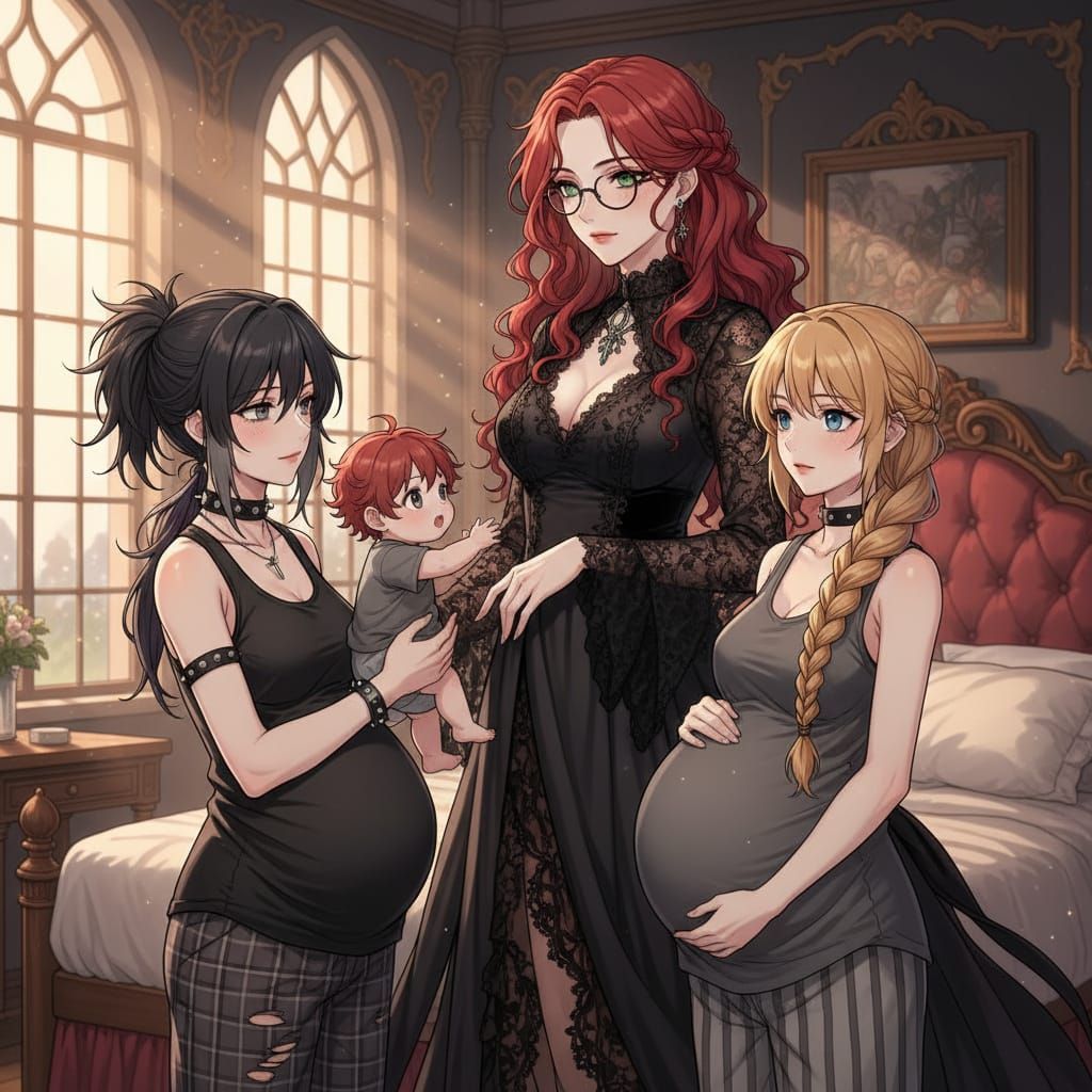 Elegant Gothic Anime Family Scene with Redhead and Wives